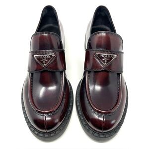 Prada Triangle Logo Brushed Leather Loafers Heels Chunky Brown Burgundy 39.5 9.5